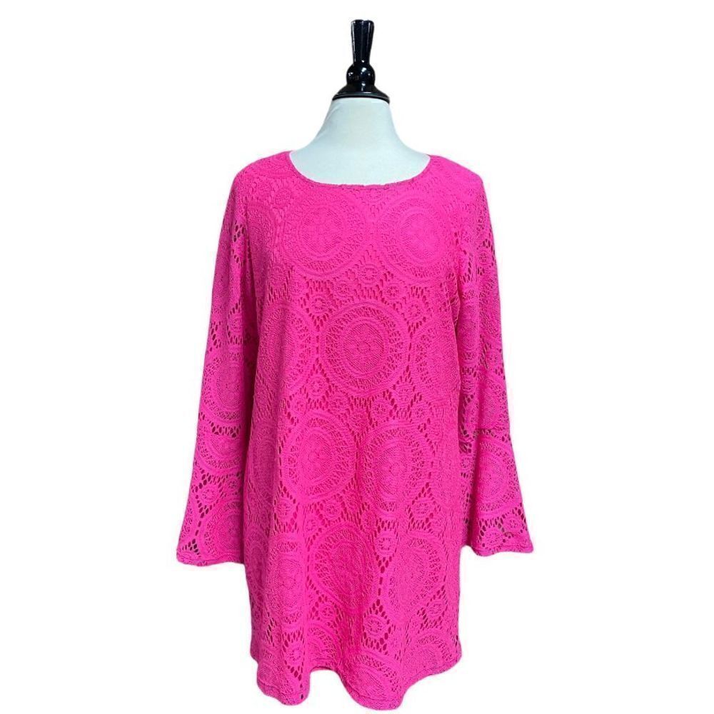 Tacera Pink Sheer Bell Long Sleeve Overlay Dress Size Large